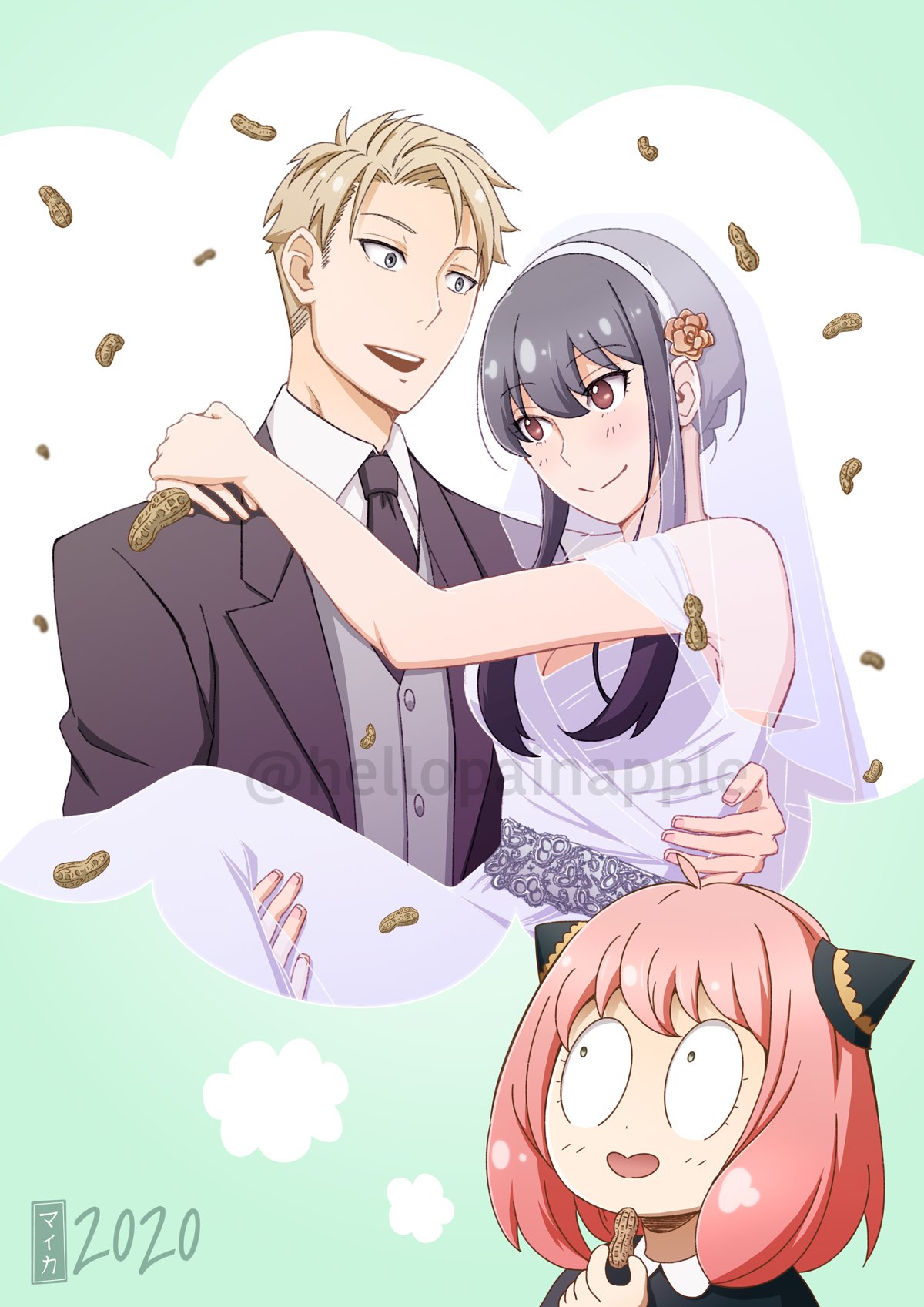 1boy, 2girls, anya_(spy_x_family), black_dress, black_hair, black_jacket, black_necktie, blonde_hair, bridal_veil, brown_hair, buttons, carrying, collared_shirt, commentary, constricted_pupils, dot_nose, dress, english_commentary, eyelashes, fingernails, gradient, gradient_background, green_background, green_eyes, grey_eyes, grey_vest, hair_ornament, hetero, highres, imagining, jacket, medium_hair, multiple_girls, necktie, open_mouth, painapple, peanut, pink_hair, princess_carry, shirt, sidelocks, smile, spy_x_family, suit_jacket, teeth, thought_bubble, twilight_(spy_x_family), upper_teeth, veil, vest, wedding, wedding_dress, white_dress, white_shirt, wing_collar, yor_briar