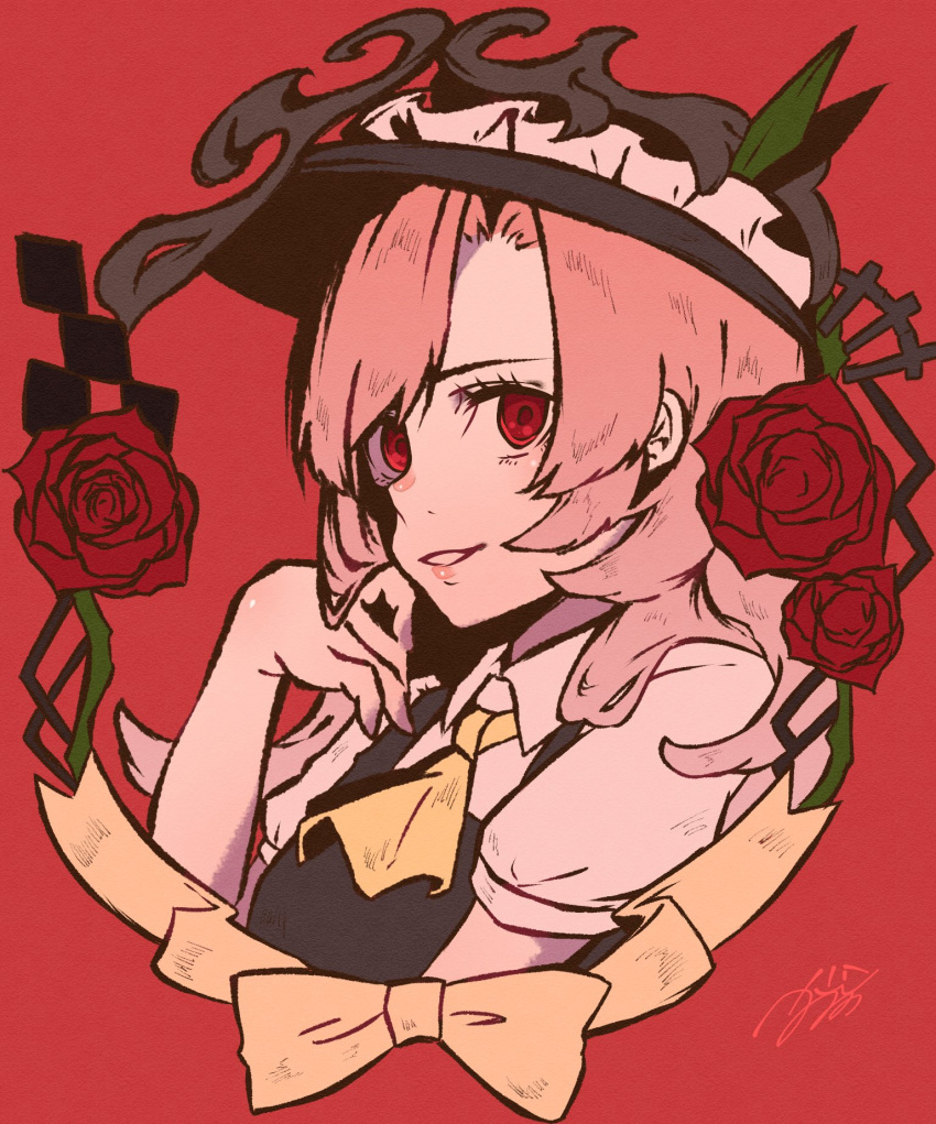 1girl, aojirozame1228, ascot, bangs, black_headwear, black_vest, bow, collared_shirt