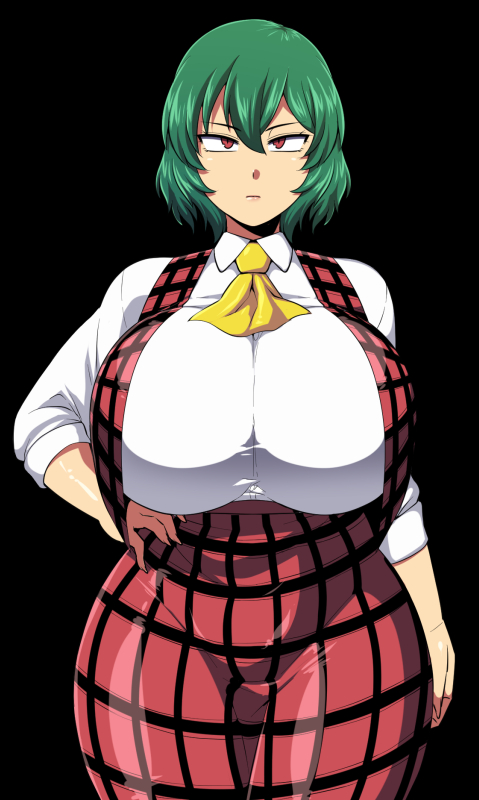 1girl, amazon_(taitaitaira), ascot, black_background, breasts, green_hair, hair_between_eyes, huge_breasts, kazami_yuuka, open_clothes, open_vest, plaid, plaid_skirt, plaid_vest, red_eyes, shirt, short_hair, skirt, skirt_set, solo, touhou, transparent_background, vest