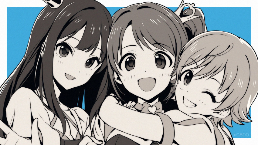 3girls, :d, asada_hachi, bangs, banned_artist, blue_background, blush, border