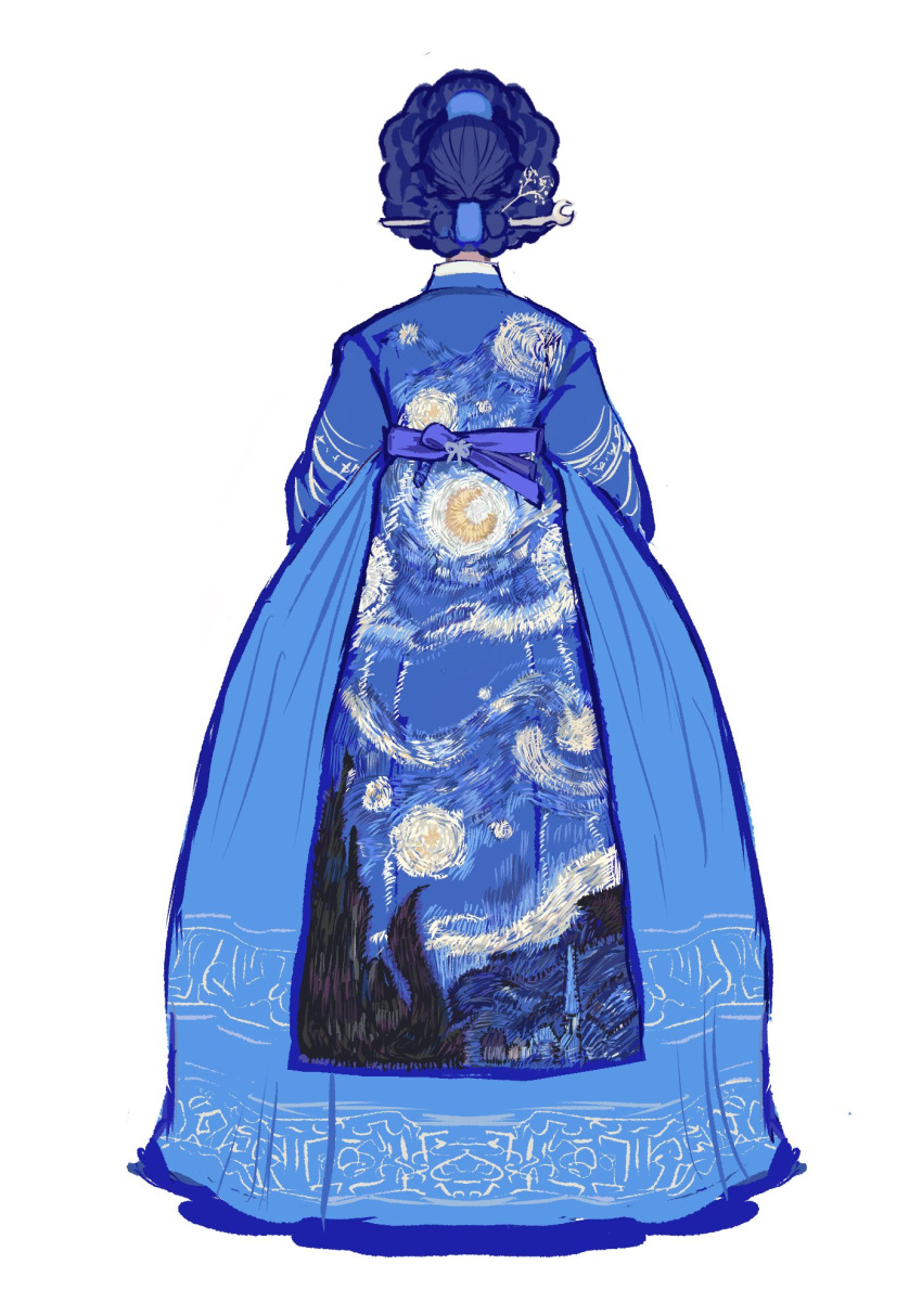1girl, agoh3, blue_hair, blue_theme, braid, brown_hair, crescent, crescent_hair_ornament, crescent_print, dress, facing_away, from_behind, full_body, hair_ornament, hair_stick, hanbok, highres, korean_clothes, long_sleeves, original, print_dress, sash, simple_background, sky_print, solo, standing, symbol-only_commentary, updo, white_background