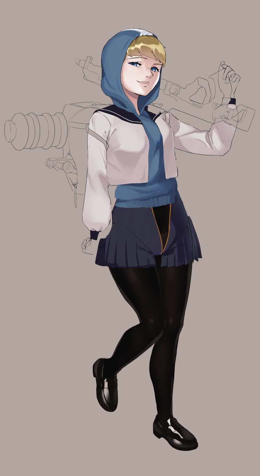 1girl, absurdres, adapted_costume, apex_legends, assault_rifle, black_footwear, black_legwear, blonde_hair, blue_eyes, blue_hoodie, blue_skirt, breasts, gun, highres, holding, holding_gun, holding_weapon, hood, hood_up, hoodie, jacket, looking_at_viewer, medium_breasts, over_shoulder, pantyhose, rifle, sketch, skirt, smile, solo, tora-chan_(taaiger3), vk-47_flatline, wattson_(apex_legends), weapon, weapon_over_shoulder, white_jacket