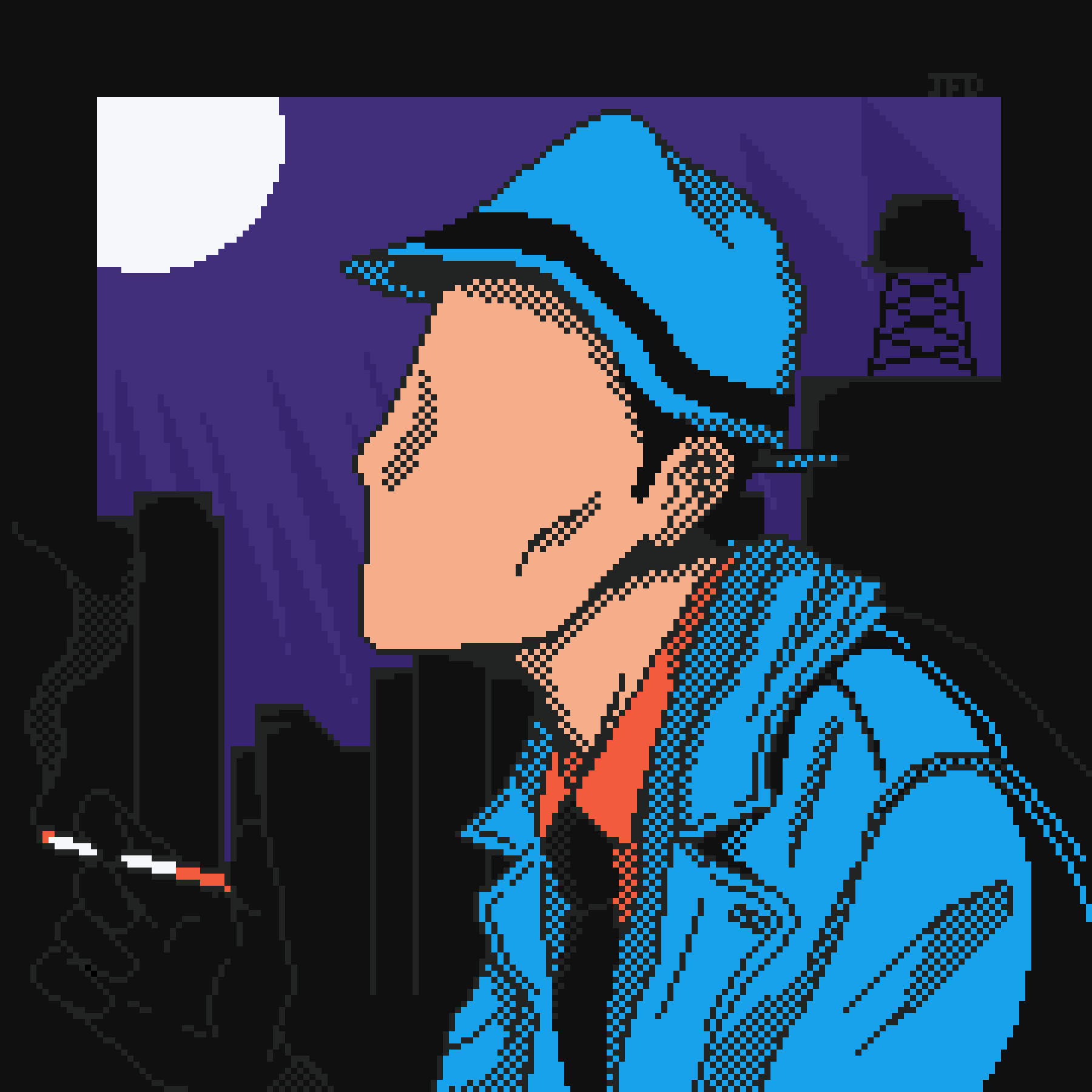 cigarette, dc_comics, faceless, fedora, formal, gloves, hat, highres, holding, holding_cigarette, jacket, letterboxed, male_focus, mask, necktie, pixel_art, shirt, solo, suit, superhero, the_question, thejduck