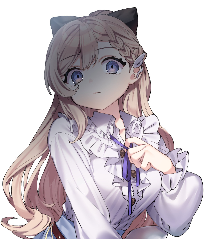 1girl, absurdres, black_bow, blonde_hair, blue_skirt, bow, braid, breasts