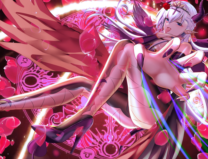 1girl, azur_lane, belfast_(azur_lane), black_footwear, breasts, cross_hair_ornament, demon_girl, demon_horns
