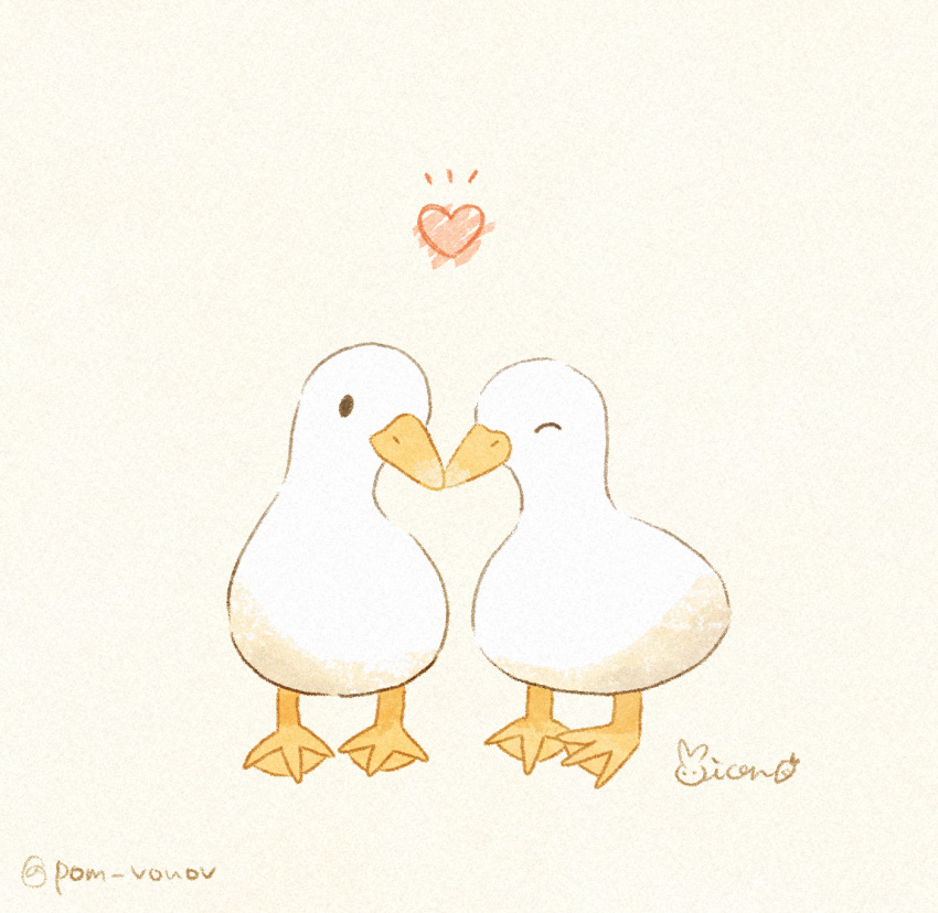 animal, animal_focus, artist_name, bird, closed_eyes, closed_mouth, commentary, duck, heart, highres, mian_(user_kwcj2833), no_humans, original, signature, simple_background, standing, white_background