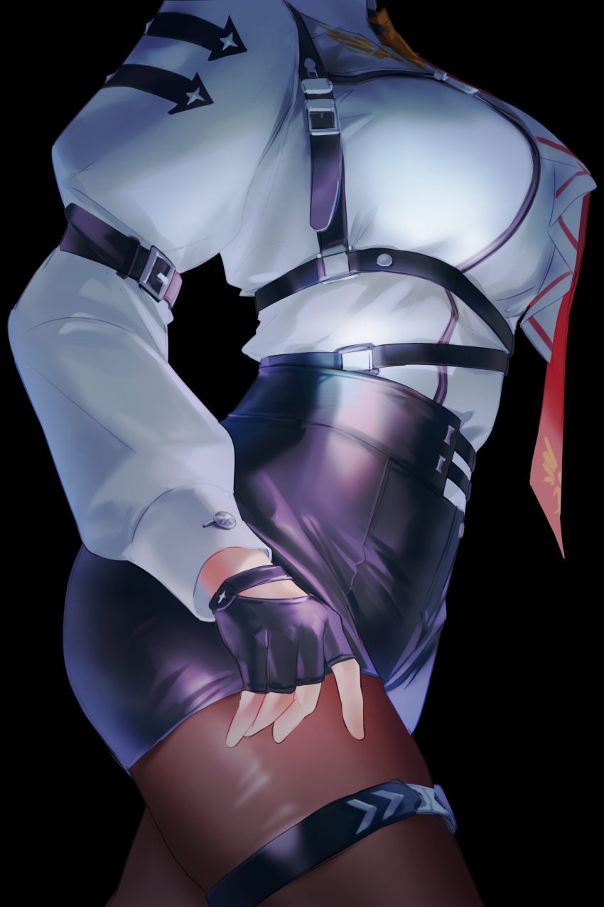 1girl, absurdres, aragiken, belt, belt_buckle, black_background, black_gloves, black_shorts, breasts, brown_legwear, buckle, buttons, collared_shirt, dress_shirt, english_commentary, fingerless_gloves, gloves, harness, harness_belt, head_out_of_frame, high-waist_shorts, highres, hololive, juliet_sleeves, large_breasts, leather, leather_gloves, leather_shorts, legwear_under_shorts, long_sleeves, necktie, pantyhose, print_necktie, puffy_sleeves, red_necktie, shirt, shorts, simple_background, solo, takane_lui, thigh_strap, tie_clip, virtual_youtuber, white_shirt, zipper