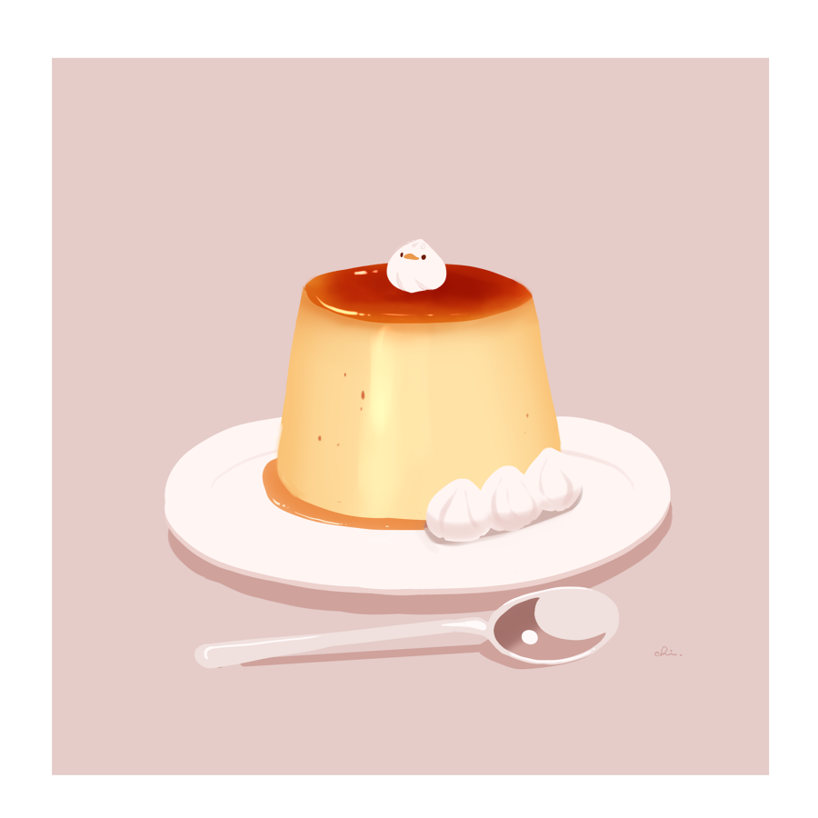 bird, chai_(drawingchisanne), commentary_request, creme_caramel, dessert, food, food_focus, no_humans