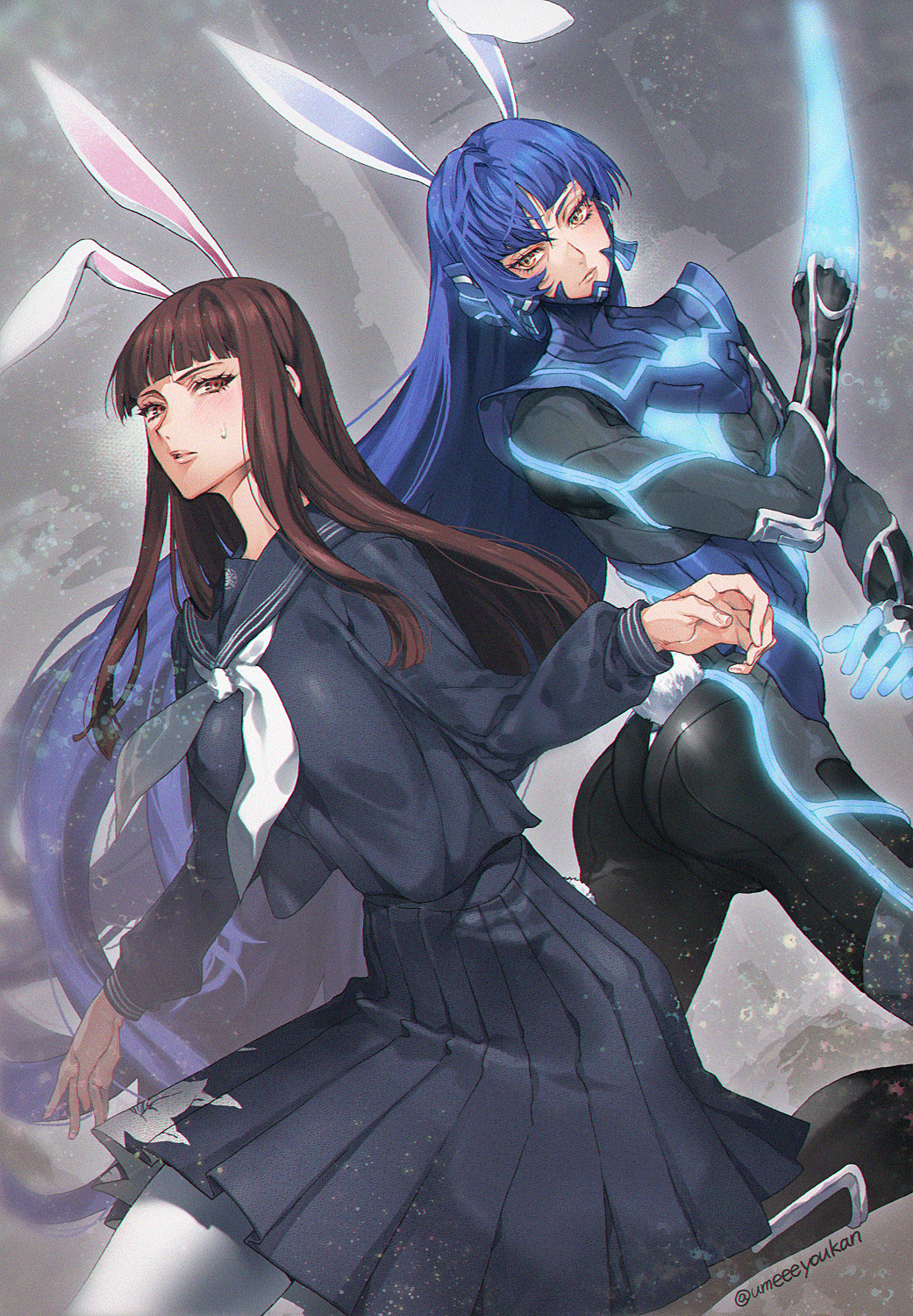 1boy, 1girl, androgynous, animal_ears, ass, bangs, blue_hair, blue_serafuku