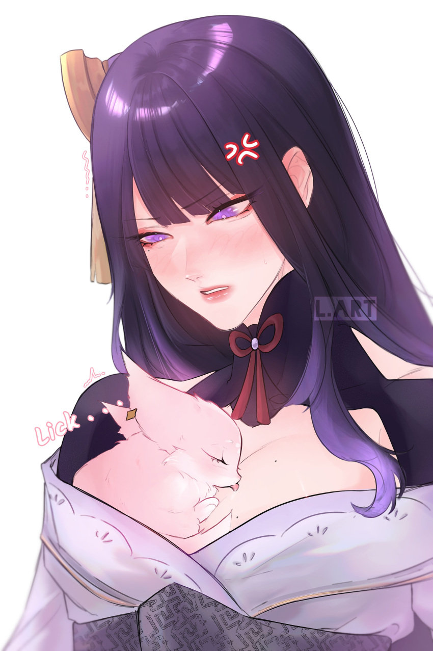 2girls, absurdres, alternate_form, anger_vein, animal_ears, animalization, armor, artist_name, blush, braid, braided_ponytail, breasts, bridal_gauntlets, choker, disgust, english_commentary, english_text, eyebrows_visible_through_hair, flower, fox, fox_ears, genshin_impact, hair_flower, hair_ornament, highres, japanese_clothes, kimono, lart_art1, licking, licking_breast, lips, long_hair, looking_at_another, looking_down, medium_breasts, mole, mole_under_eye, multiple_girls, narrowed_eyes, obi, obiage, parted_lips, pauldrons, pet, pink_fur, purple_flower, purple_hair, purple_kimono, raiden_shogun, red_lips, red_ribbon, ribbon, ribbon_choker, sash, shoulder_armor, shrug_(clothing), simple_background, single_pauldron, tassel, upper_body, violet_eyes, watermark, white_background, yae_miko, yae_miko_(fox)