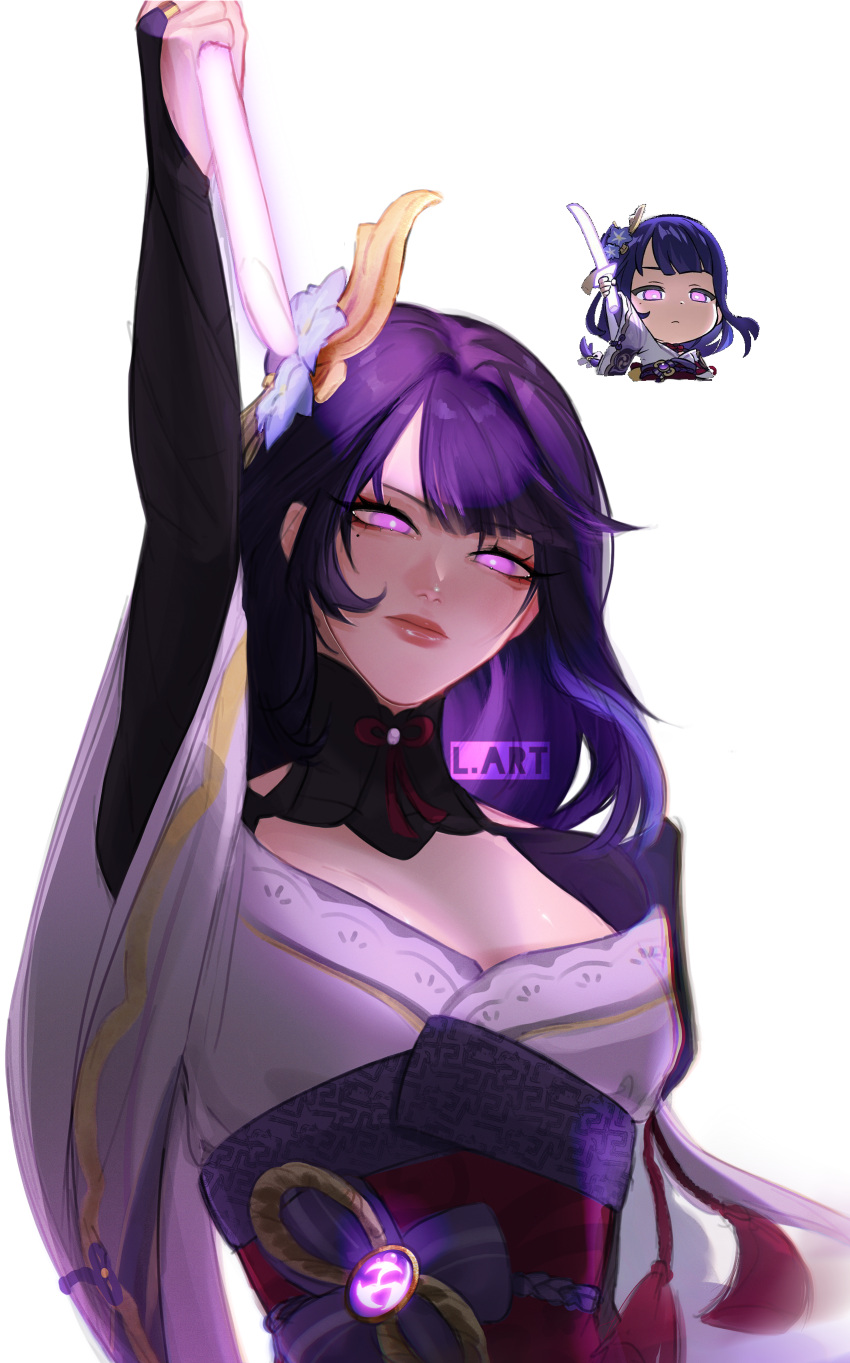 1girl, absurdres, arm_up, armor, artist_name, braid, braided_ponytail, breasts, bridal_gauntlets, chibi, chibi_inset, choker, closed_mouth, flower, genshin_impact, glowing, glowing_eyes, hair_flower, hair_ornament, highres, holding, holding_sword, holding_weapon, japanese_clothes, kimono, lart_art1, lips, long_hair, looking_at_viewer, medium_breasts, mole, mole_under_eye, musou_isshin_(genshin_impact), obi, obiage, pauldrons, purple_flower, purple_hair, purple_kimono, raiden_shogun, red_lips, red_ribbon, ribbon, ribbon_choker, sash, shoulder_armor, shrug_(clothing), simple_background, single_pauldron, solo, sword, tassel, upper_body, violet_eyes, watermark, weapon, white_background