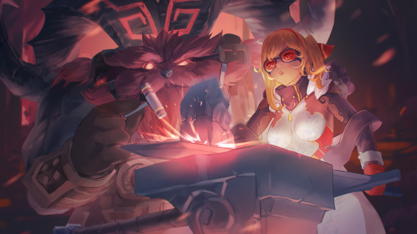 1boy, 1girl, absurdres, anvil, aragiken, bangs, blacksmith, blonde_hair