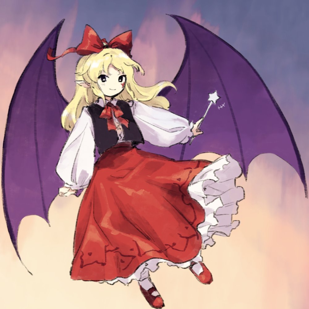 1girl, bangs, black_vest, blonde_hair, bow, demon_girl, demon_wings, elis_(touhou)
