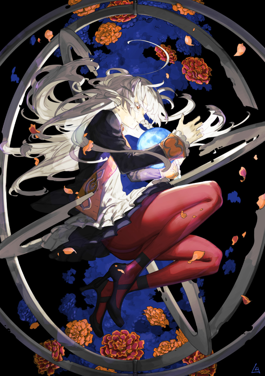 1girl, absurdres, ahoge, black_footwear, black_jacket, braid, commentary_request, crying, crying_with_eyes_open, fate/grand_order, fate_(series), floating, floating_hair, flower, frilled_sleeves, frills, high_heels, highres, jacket, long_hair, long_sleeves, olga_marie_animusphere, orange_eyes, orange_flower, orange_legwear, pantyhose, petals, red_flower, rem_(hinotomi), solo, tears, very_long_hair, white_hair