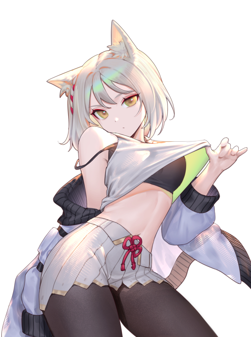 1girl, animal_ears, bare_shoulders, black_legwear, black_shirt, breasts, camisole, clothes_pull