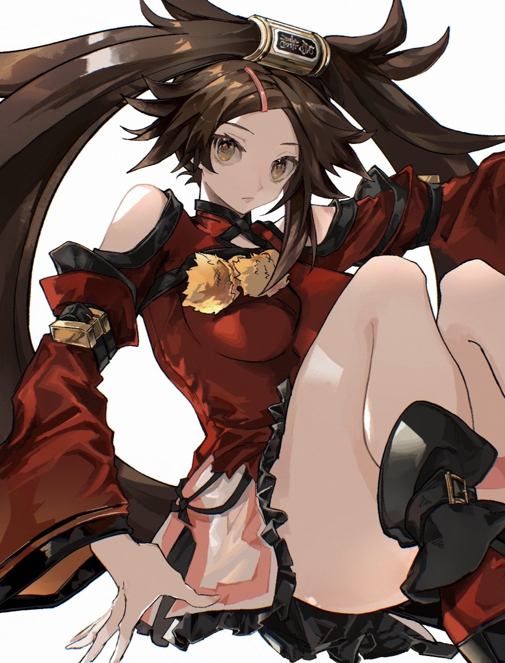 1girl, bare_legs, bare_shoulders, breasts, brown_eyes, brown_hair, china_dress, chinese_clothes