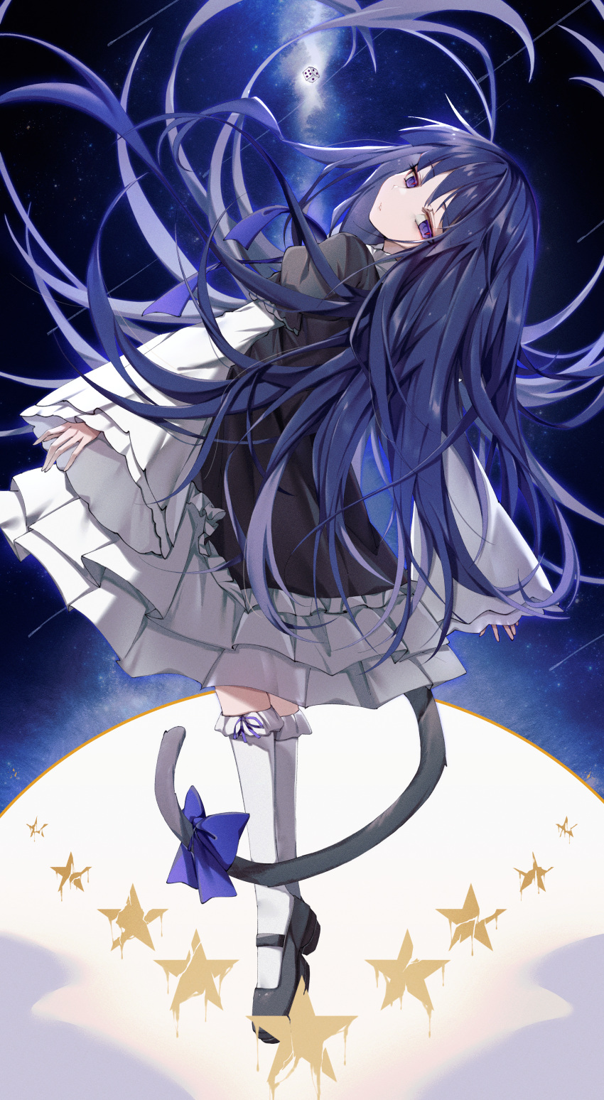 1girl, absurdres, black_dress, blue_hair, cat_tail, chen_yan, dress, frederica_bernkastel