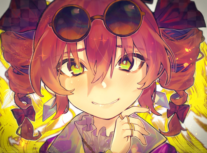 1girl, aura, bangle, bow, bracelet, coat, commentary_request, dress