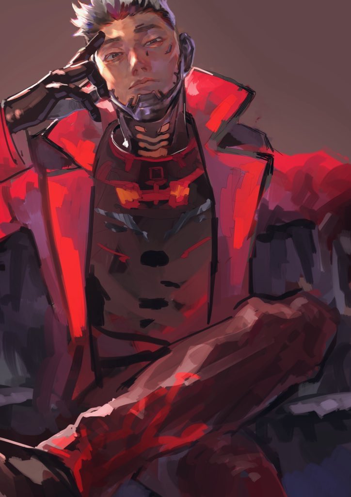 1boy, apex_legends, armor, black_footwear, brown_background, brown_eyes, crossed_legs, crypto_(apex_legends)