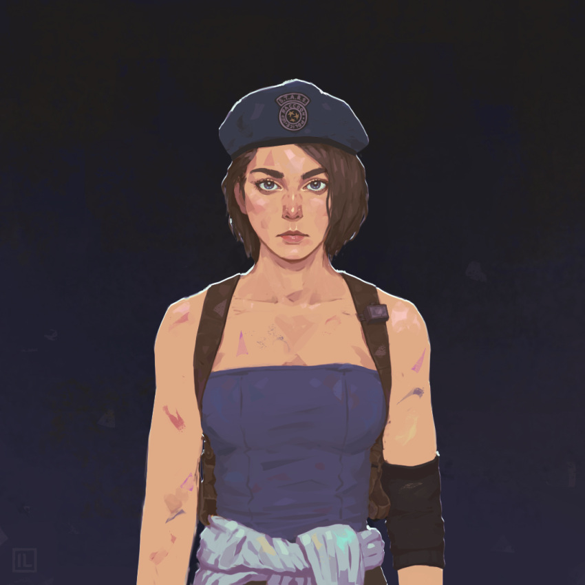 1girl, alina_rin, arms_at_sides, backpack, bag, beret, breasts, brown_hair