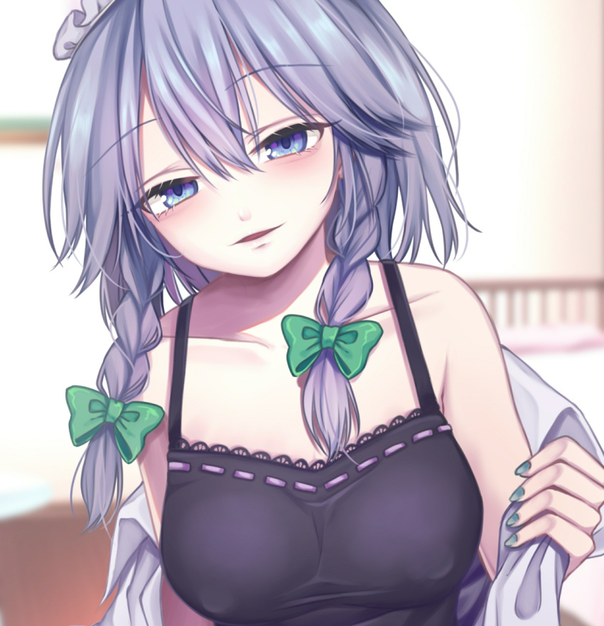 1girl, bangs, black_nightgown, blue_eyes, blush, breasts, camisole, collarbone