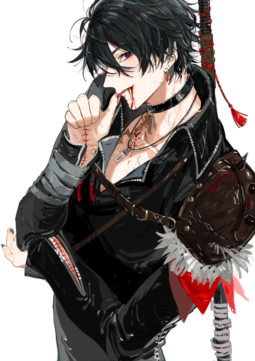 1boy, armor, bandaged_arm, bandages, black_choker, black_coat, black_hair, black_nails, blood, blood_on_chest, blood_on_face, blood_on_hands, buckle, choker, coat, collared_coat, ear_piercing, earrings, elbow_on_arm, fingernails, highres, jewelry, leather_strap, licking, licking_blood, licking_finger, looking_at_viewer, male_focus, original, pendant, pendant_choker, piercing, pointy_ears, polearm, polearm_behind_back, red_eyes, scar, scar_on_arm, scar_on_chest, scar_on_face, scar_on_neck, sharp_fingernails, short_hair, shoulder_armor, shoulder_pads, shoulder_spikes, slit_pupils, solo, spikes, stitches, strap, weapon, white_background, zang_shih