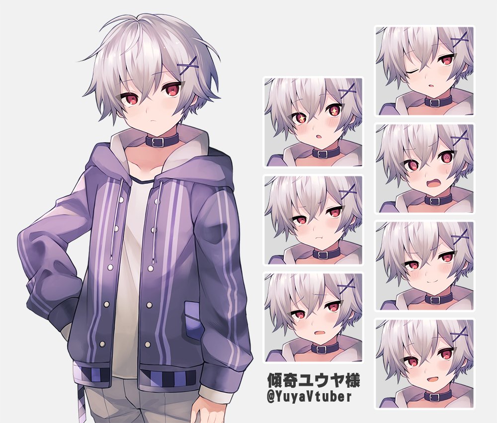 1boy, black_hair, character_name, choker, gradient_hair, hair_ornament, hairclip, hood