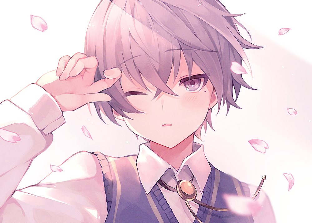 1boy, amulet, blush, cherry_blossoms, collared_shirt, frown, long_sleeves, male_focus