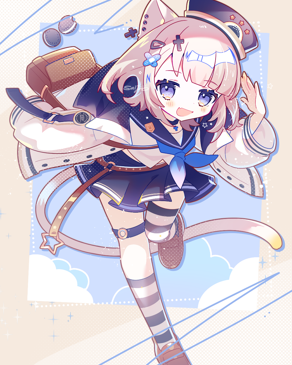 1girl, animal_ears, asymmetrical_legwear, blonde_hair, blue_eyes, cat_ears, cat_girl, cat_tail