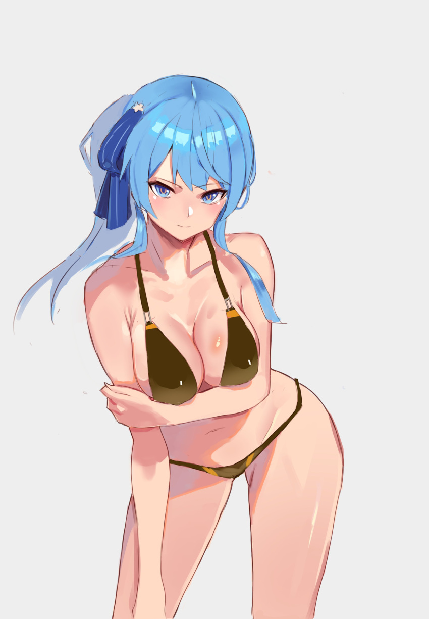 1girl, absurdres, alternate_breast_size, alternate_costume, arm_at_side, arm_under_breasts, bangs, blue_bow