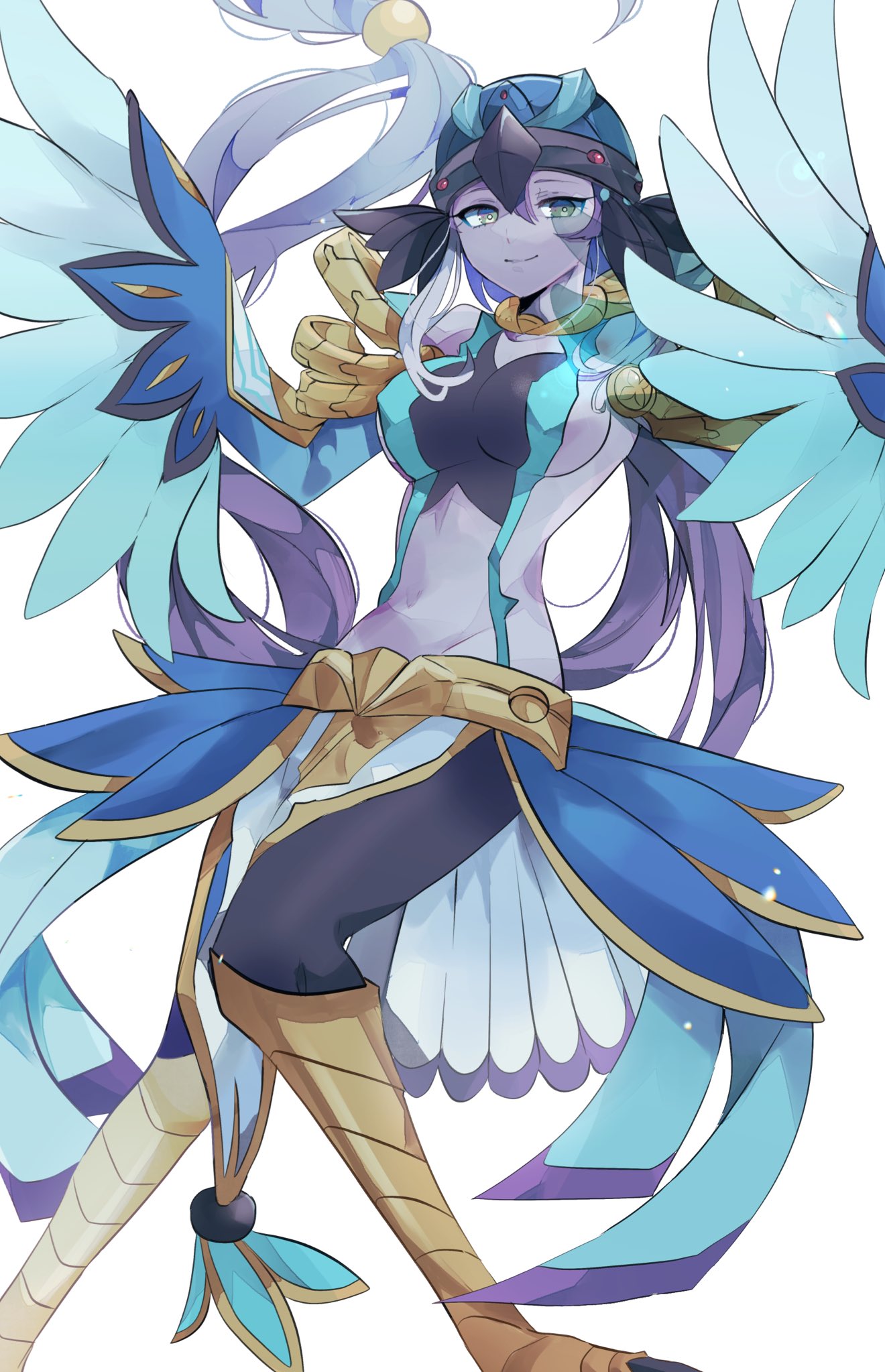 1girl, armor, bare_shoulders, beads, blue_feathers, breasts, colored_skin, duel_monster