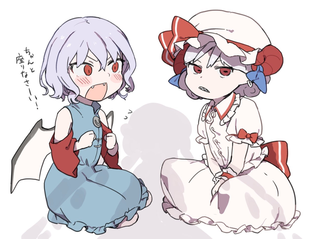 2girls, arolayukomori, bare_shoulders, bat_wings, blue_hair, blush, chibi, clothing_cutout