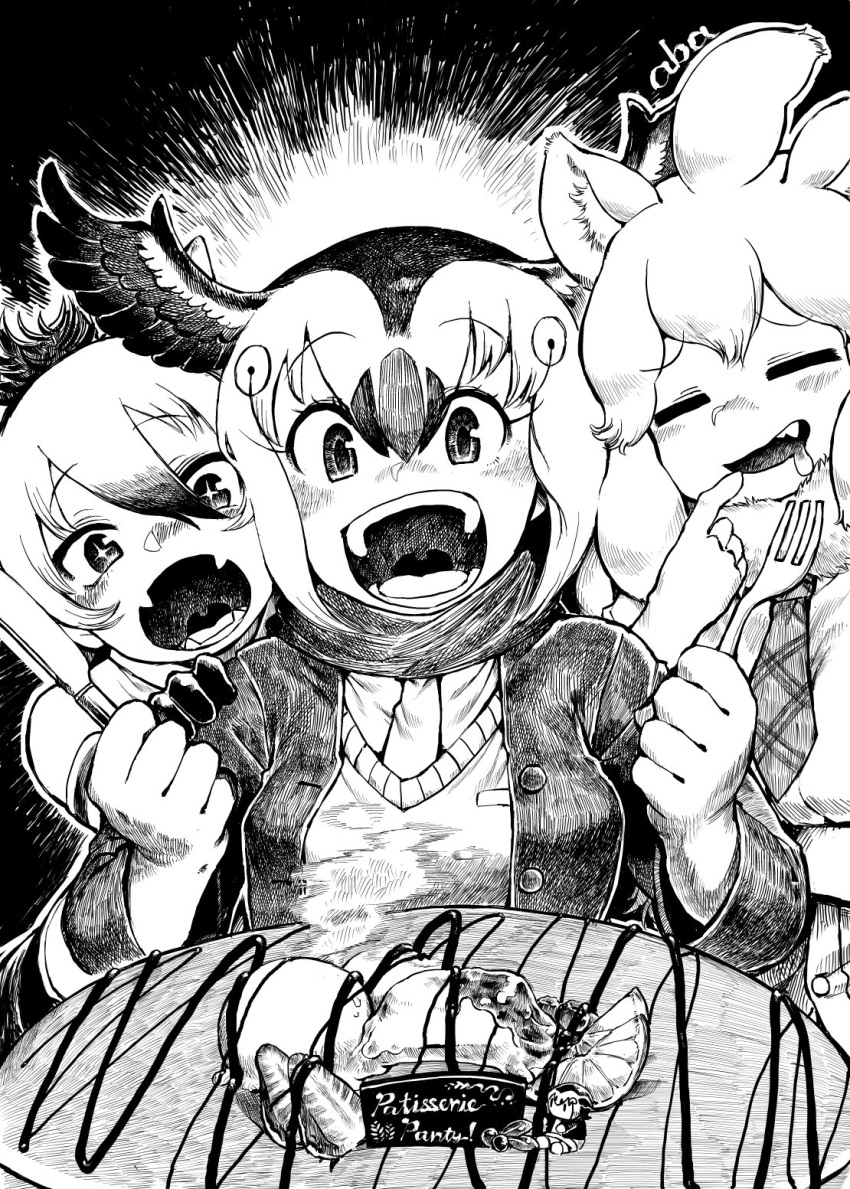 +_+, 3girls, aardwolf_(kemono_friends), aardwolf_ears, animal_ears, atlantic_puffin_(kemono_friends), bangs, bare_shoulders