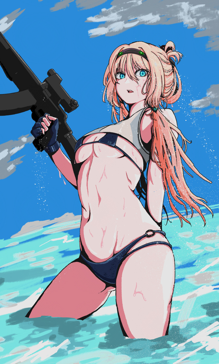 1girl, absurdres, alternate_costume, alternate_hairstyle, an-94, an-94_(girls'_frontline), arm_behind_back, assault_rifle, bangs, bikini, blonde_hair, blue_bikini, blue_gloves, blue_sky, blue_swimsuit, breasts, defy_(girls'_frontline), eyebrows_visible_through_hair, fingerless_gloves, girls_frontline, gloves, gskittles, gun, hair_ornament, hairband, hairclip, highres, holding, holding_gun, holding_weapon, light_blue_eyes, long_hair, looking_at_viewer, navel, on_water, open_mouth, rifle, simple_background, sky, small_breasts, solo, standing, swimsuit, water, weapon, wet