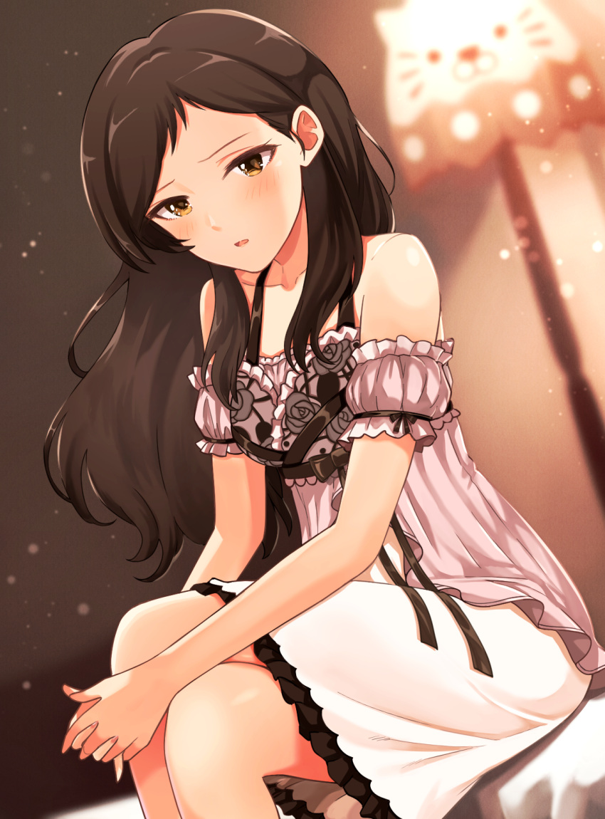 1girl, babydoll, bangs, bare_shoulders, bedroom, blurry, brown_eyes, brown_hair