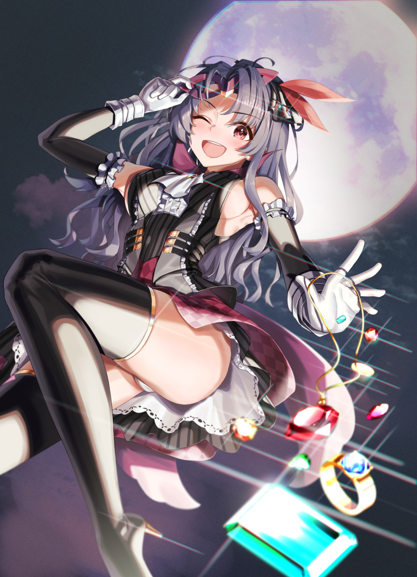 1girl, ;d, absurdres, armpits, black_hair, black_legwear, blurry, breasts
