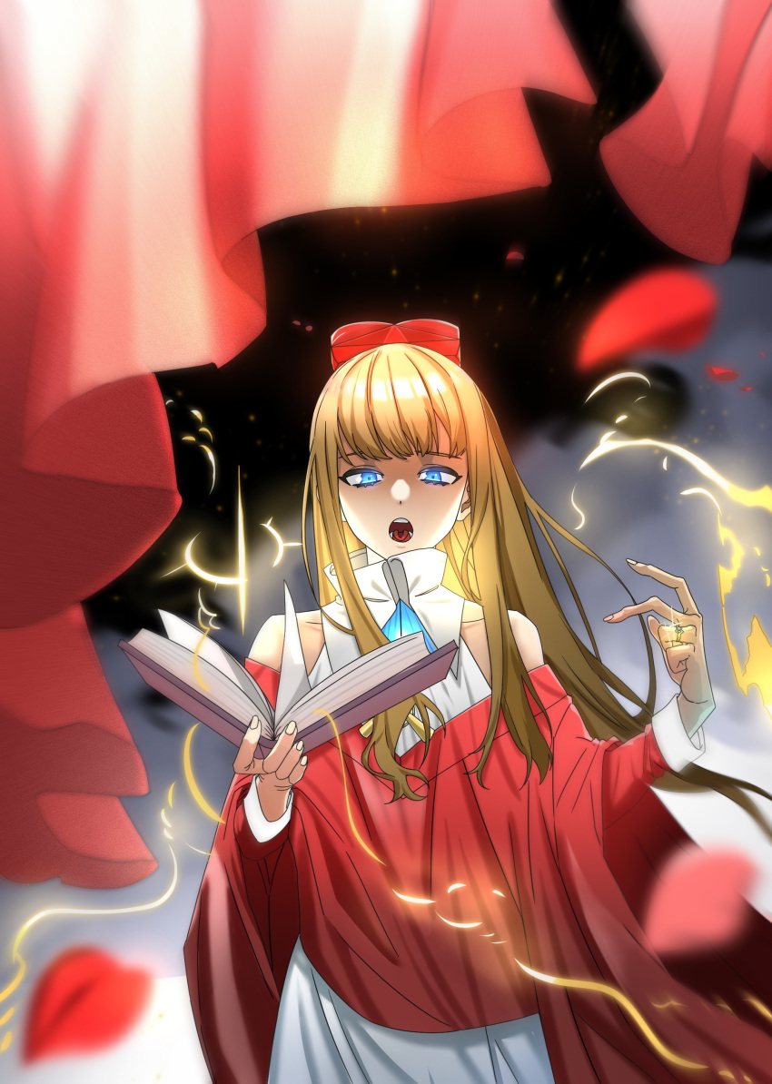 1girl, absurdres, bangs, biretta, blonde_hair, blue_eyes, book, cardinal_armand
