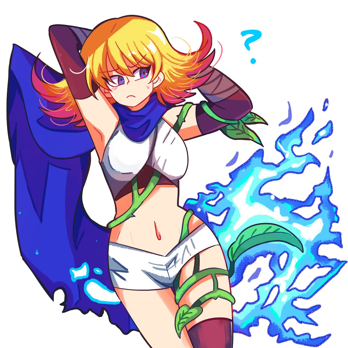 1girl, ?, armpits, asymmetrical_legwear, blonde_hair, blue_scarf, commentary, cowboy_shot