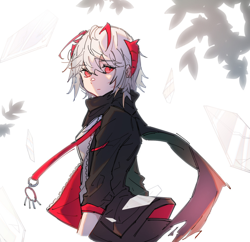 1girl, absurdres, arknights, bangs, black_jacket, black_scarf, closed_mouth, highres, horns, jacket, looking_at_viewer, looking_back, red_eyes, scarf, shiying_no_yao, short_hair, solo, w_(arknights), white_background, white_hair