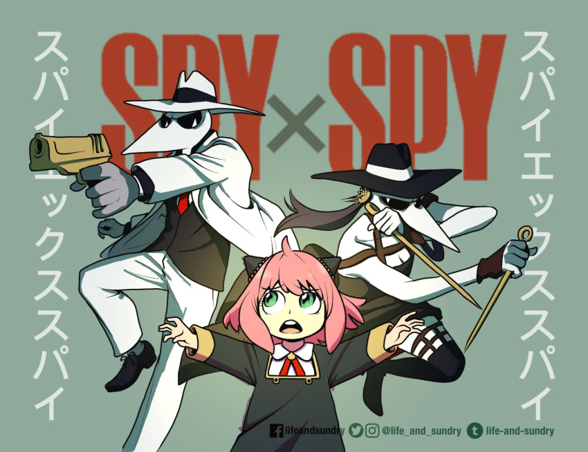 anya_(spy_x_family), black_spy, cosplay, crossover, formal, green_eyes, gun, hat, highres, holding, holding_gun, holding_weapon, life_and_sundry, pink_hair, spy_vs_spy, spy_x_family, suit, teeth, twilight_(spy_x_family), twilight_(spy_x_family)_(cosplay), upper_teeth, weapon, white_spy, yor_briar, yor_briar_(cosplay)