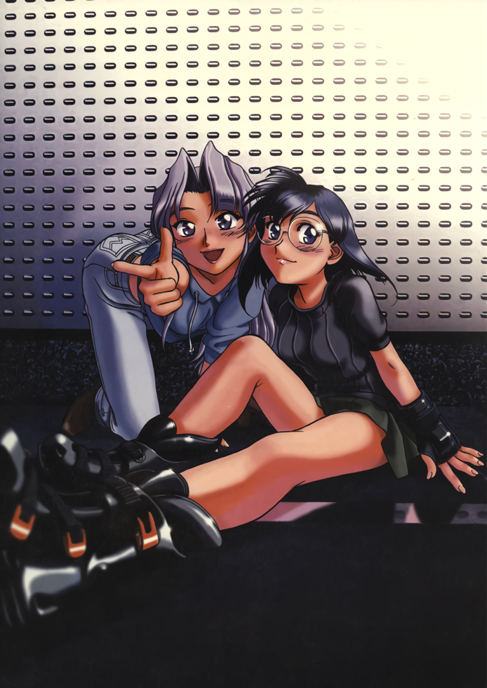 1990s_(style), all_fours, black_hair, breasts, denim, eiko_rando, fingerless_gloves, geobreeders