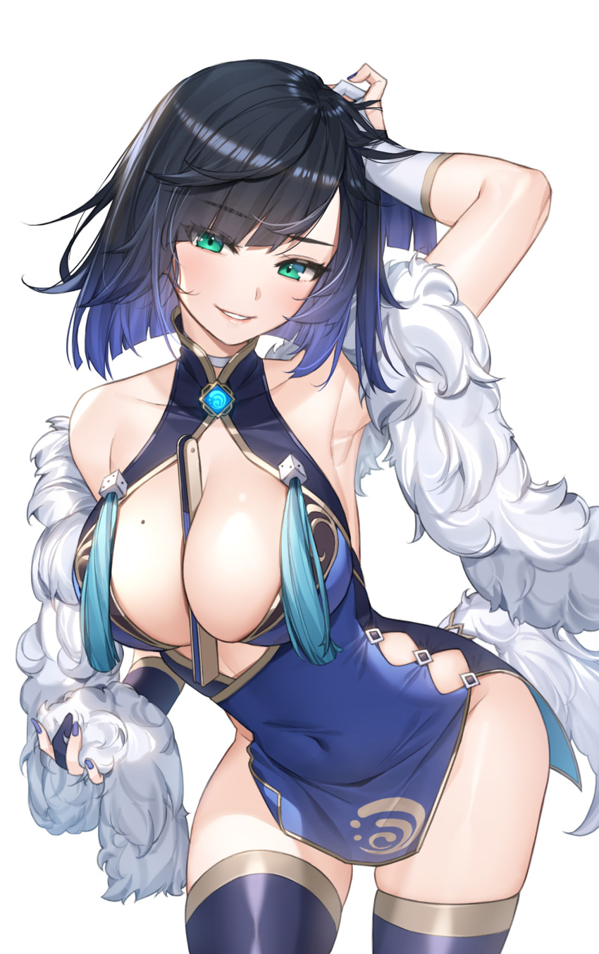 1girl, absurdres, alternate_costume, arm_up, armpits, bangs, between_breasts, black_hair