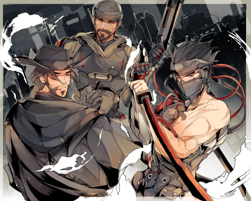 3boys, beard, biceps, black_hair, blackwatch_cassidy, blackwatch_genji, blackwatch_reyes, brown_eyes
