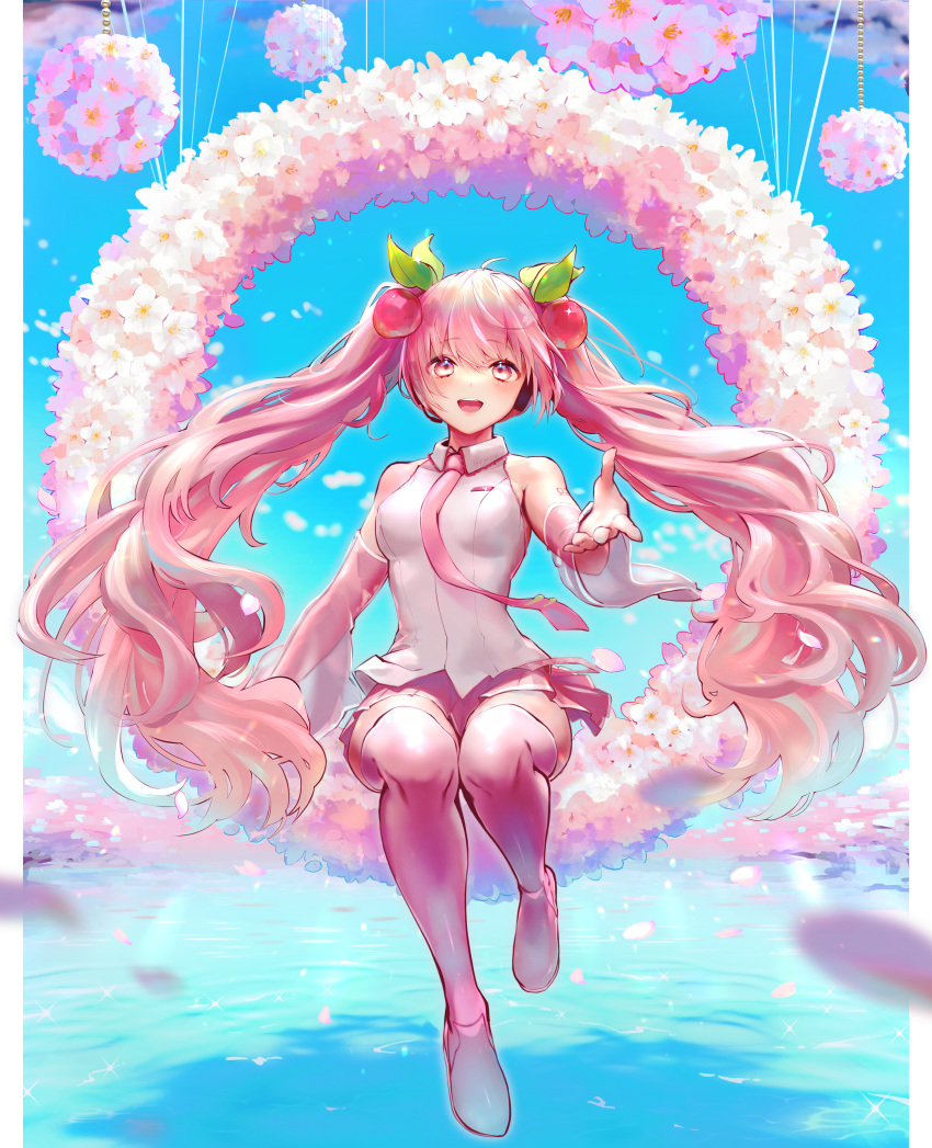 1girl, :d, absurdres, akatsuki_rokino, bangs, blue_sky, boots, border