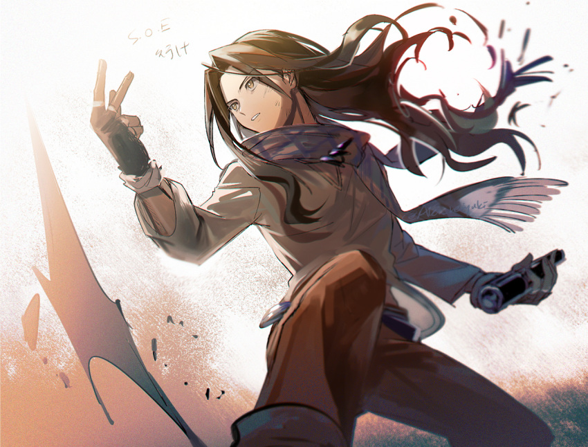 1boy, aki_(neyuki41028), asakura_hao, black_gloves, black_hair, brown_eyes, fingerless_gloves, floating_hair