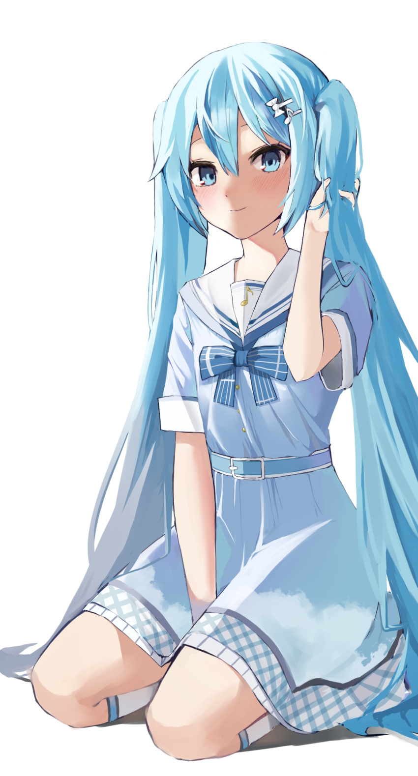 1girl, bangs, between_legs, blue_bow, blue_bowtie, blue_eyes, blue_hair, blush