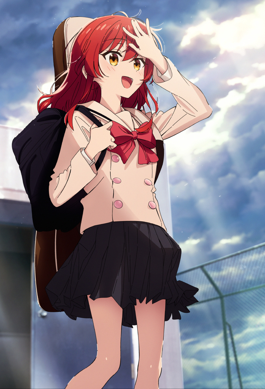 1girl, :d, absurdres, bag, black_skirt, bocchi_the_rock!, bow, bowtie