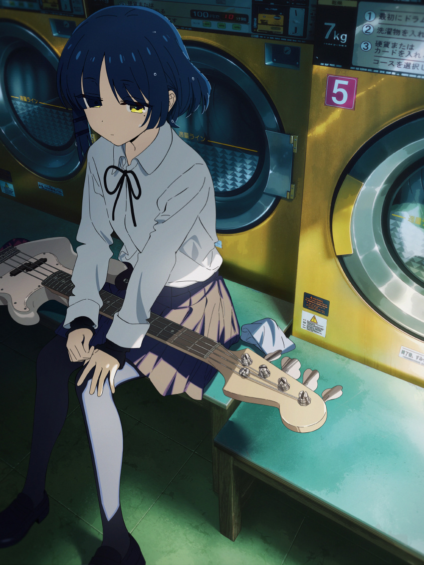 1girl, absurdres, bass_guitar, bench, black_skirt, blue_hair, bocchi_the_rock!, highres, instrument, key_visual, long_sleeves, looking_away, neck_ribbon, official_art, pleated_skirt, promotional_art, ribbon, school_uniform, shirt, short_hair, sitting, skirt, sleeves_past_wrists, solo, washing_machine, white_shirt, yamada_ryou, yellow_eyes