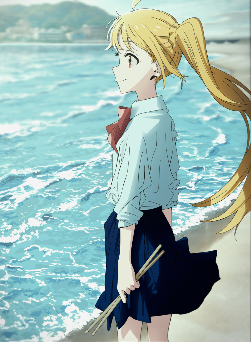 1girl, absurdres, ahoge, beach, blonde_hair, bocchi_the_rock!, bow, bowtie