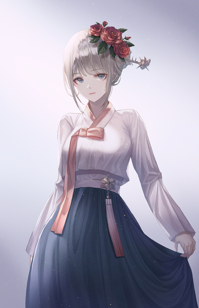 1girl, bangs, blonde_hair, blue_eyes, clothes_lift, connor, dress, expressionless